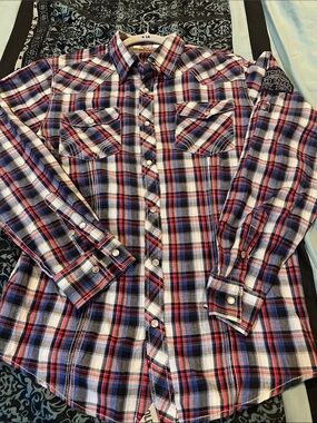 RED SNAP Casual Plaid Button-Down Shirt — Red, Blue & White